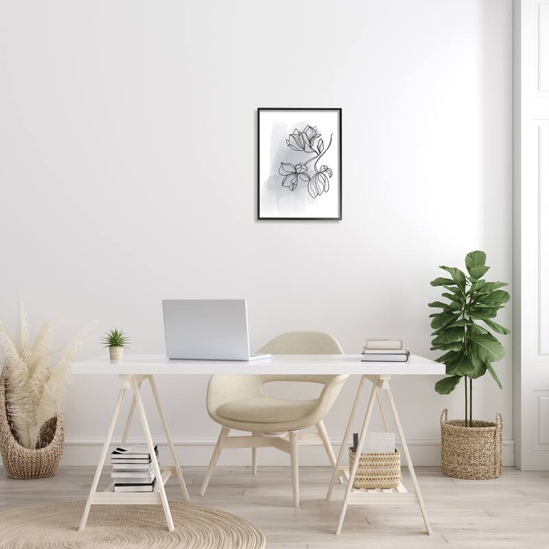 Stupell Lily Floral Line Drawing over Abstract Brush Pattern Framed Wall Art - Black