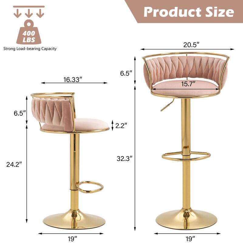 4 Set Velvet Adjustable Swivel Bar Stools With Backs