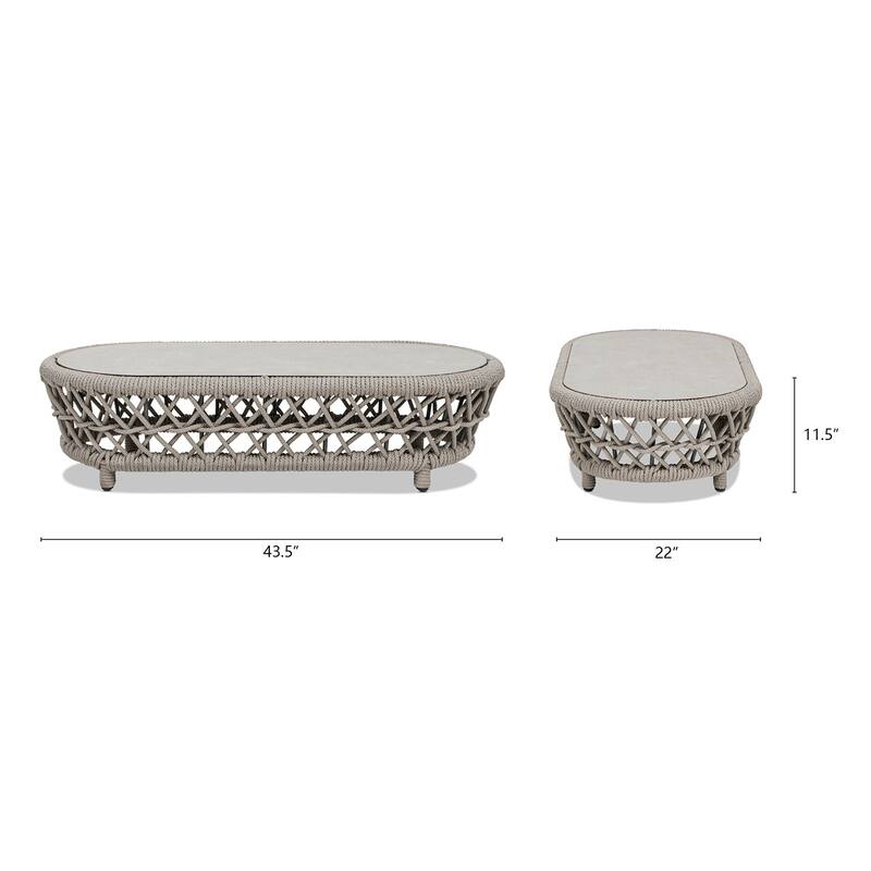 Everly 43.5" Oval Woven Patio Coffee Table, Light Beige Olefin Rope