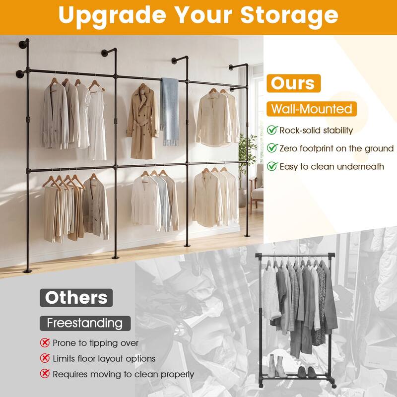 Gymax Industrial Pipe Clothing Rack Wall Mounted Heavy-Duty Metal