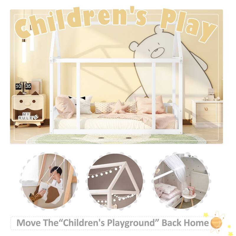 Twin/Full Size Floor Bed with Wooden House Roof Frame and Safety Guardrails for Children's Bedrooms, Small Space