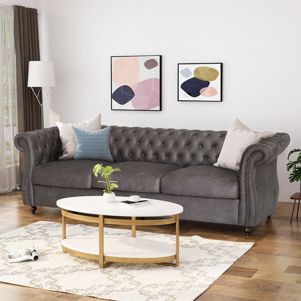 Somerville Chesterfield Tufted Microfiber Sofa with Scroll Arms by Christopher Knight Home. Opens flyout.