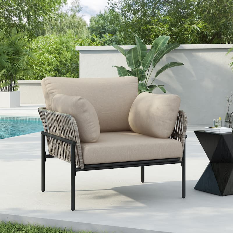 Iron Lounge Chair with Rope Weave and Plush Cushions