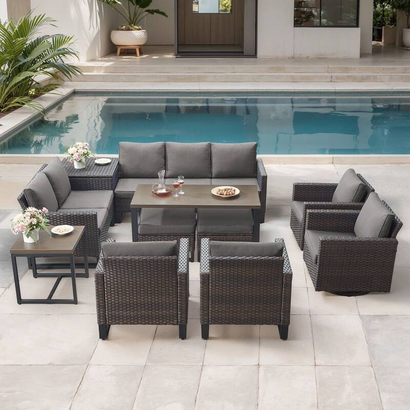 Gymojoy 9-11 Person Outdoor Courtyard Wicker Family Party Conversation Set Group With Swivel Chairs And 52" Table - Brown Wicker / Gray Cusion - 11-Piece