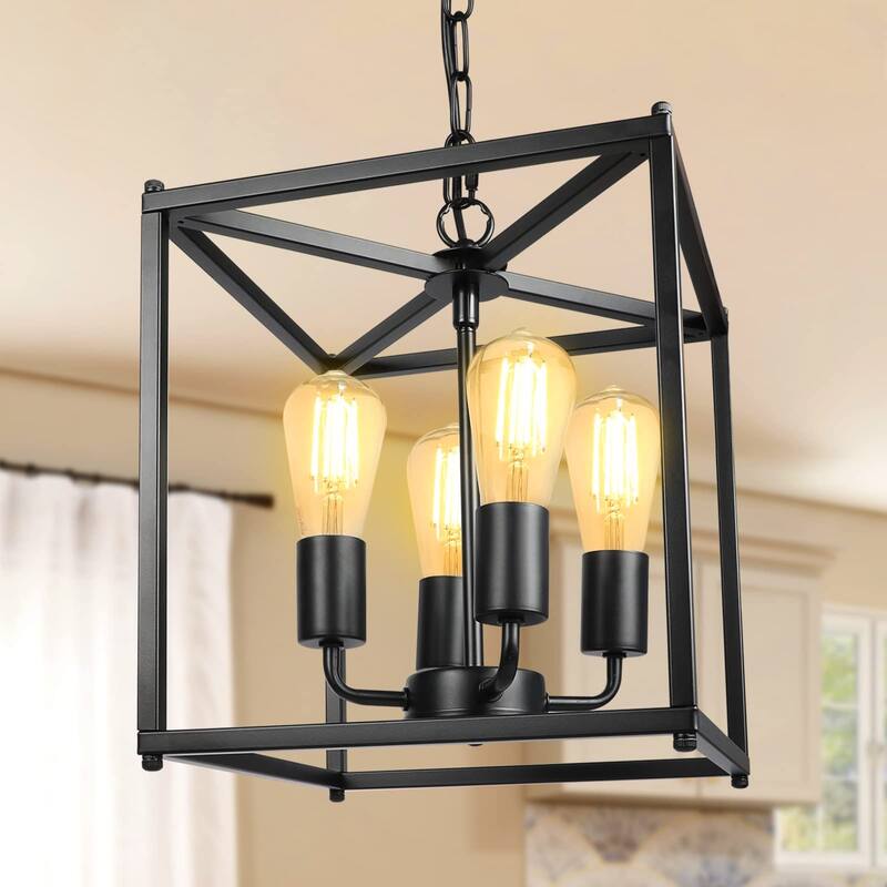 4-Light Black Farmhouse Chandelier, Iron Lantern Pendant Light Rustic Cage Adjustable Height, E26 Base Industrial Hanging Lights