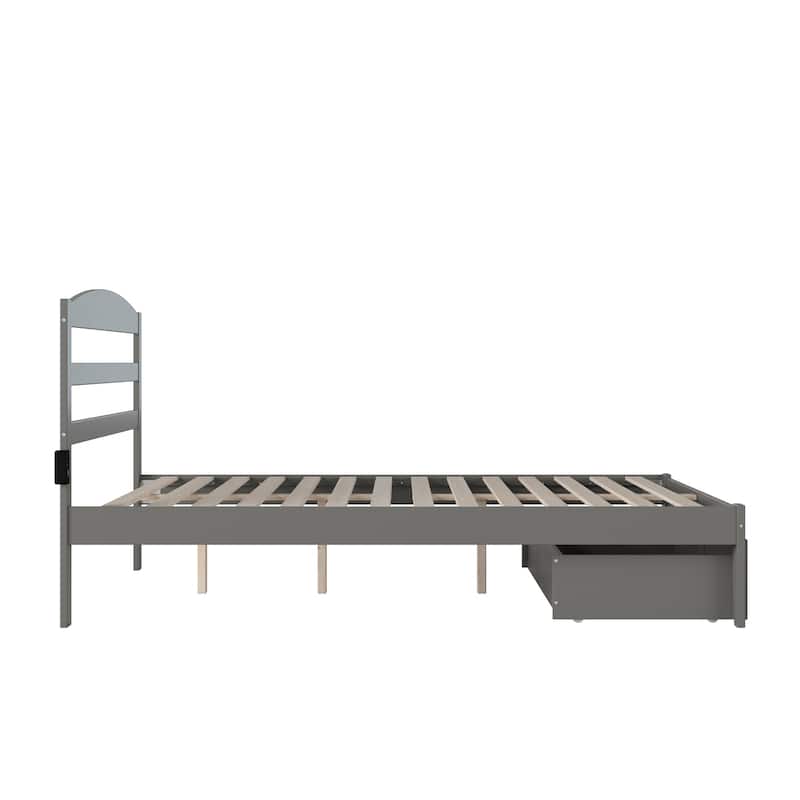 Modern Bed with Storage Drawer - Grey Platform Bed Frame - Wood Slat Support - Charging Station Included