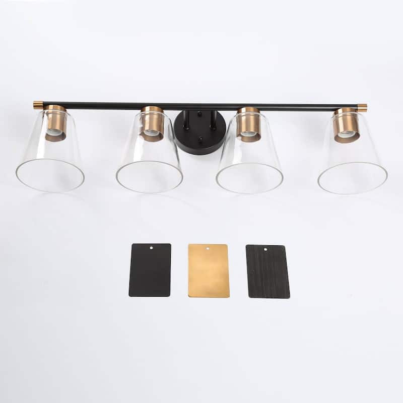 Modern Transitional Black 4-Light Black Brass Bathroom Vanity Lights with Cone Clear Glass - 30"W x 6.5"D x 9.5"H