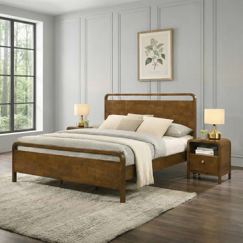 Roundhill Furniture Eldren Wood Bedroom Set, Platform Bed with Two Nightstands in Walnut Finish - Queen