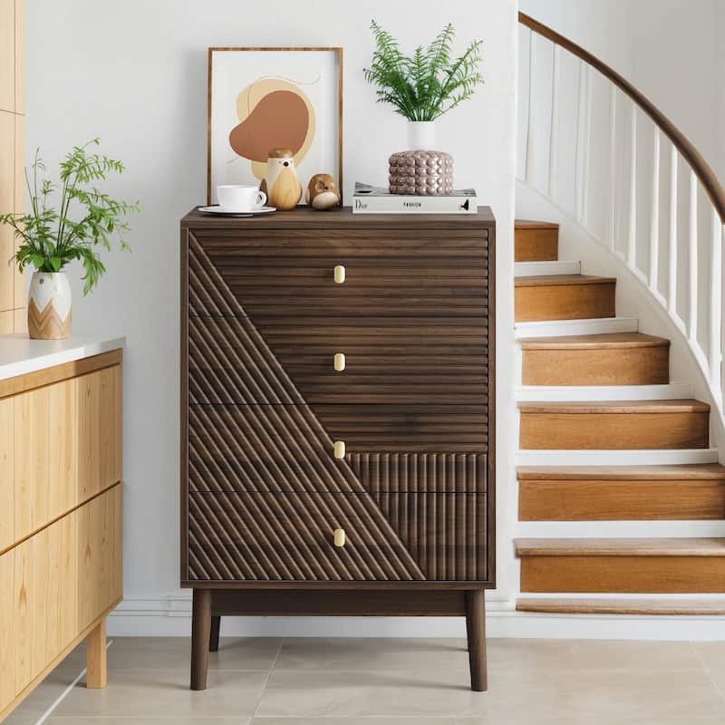 Modern Four-Drawer Dresser In Walnut – Versatile Storage Cabinet For Bedroom, Living Room, Or Hallway‌