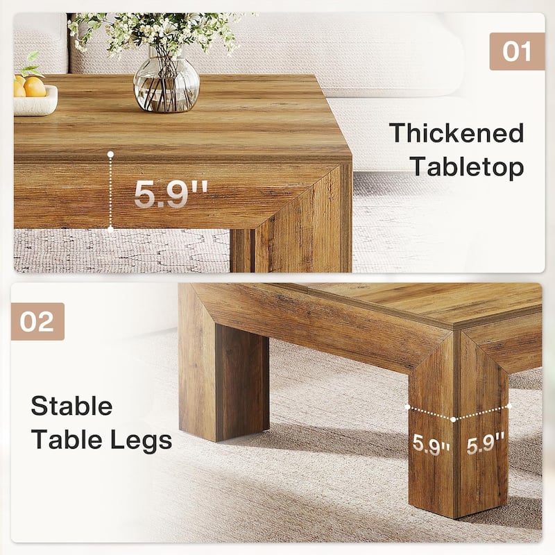 39.37-Inch Farmhouse Square Coffee Table for Living Room, Low Large Center Tea Accent Table