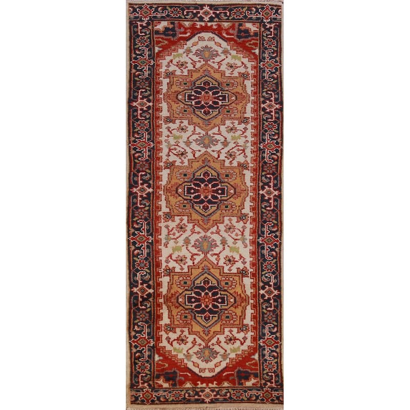Hand Knotted Oriental 100% Wool Carpet Traditional Geometric Beige & Ivories Heriz (serapi) Runner Rug - 8' 0'' X 2' 5''