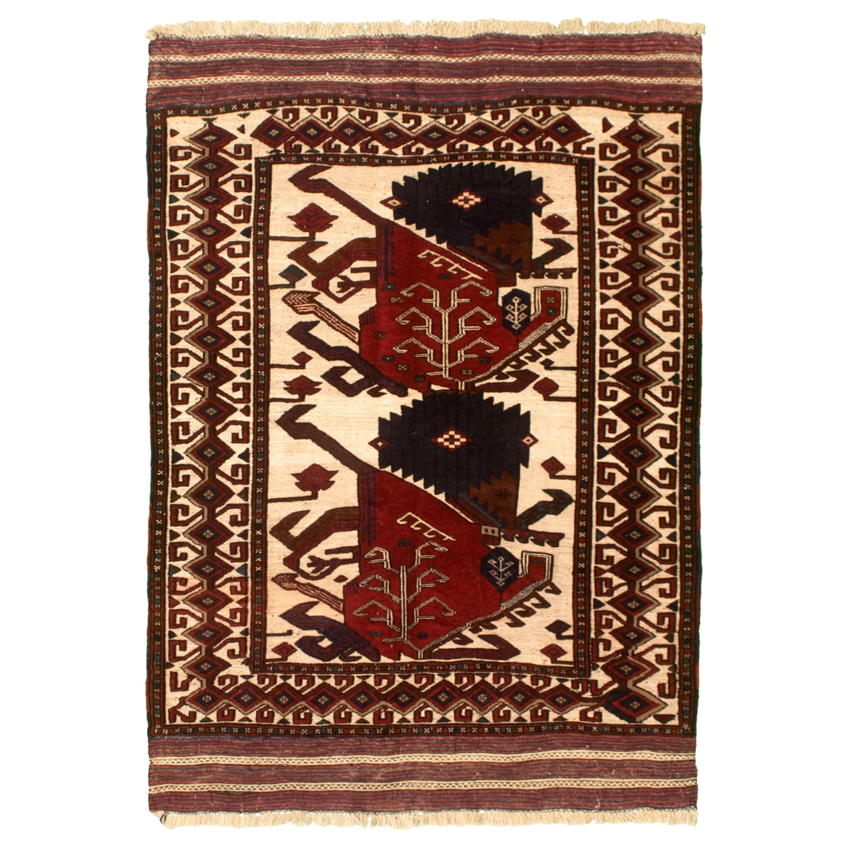 Hand-Knotted Wool Rug Tajik Caucasian Bordered Ivory Rug 4'2 x 6'1 eCarpet Gallery Area Rug for Living Room Bedroom 347123 