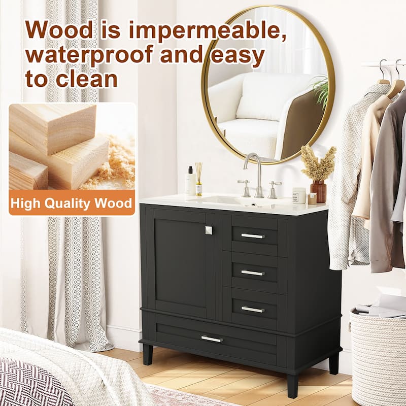 36" Bathroom Vanity with Ceramic Sink,Solid Pine Frame