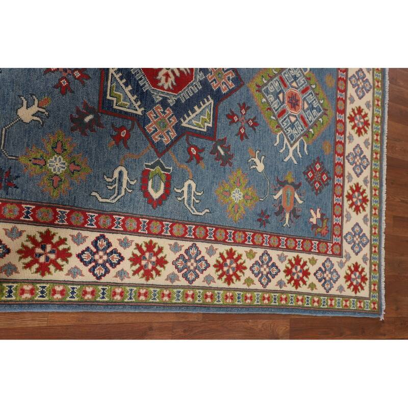 Blue Geometric Kazak Oriental Area Rug Handmade Oriental Wool Carpet - 4'11" x 6'9"