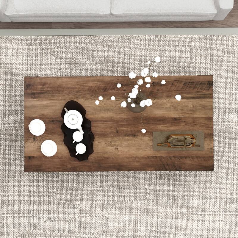 HOMCOM Farmhouse Coffee Table with Storage and Drawer, Rustic Coffee Table for Living Room, Open Shelf, Distressed Gray