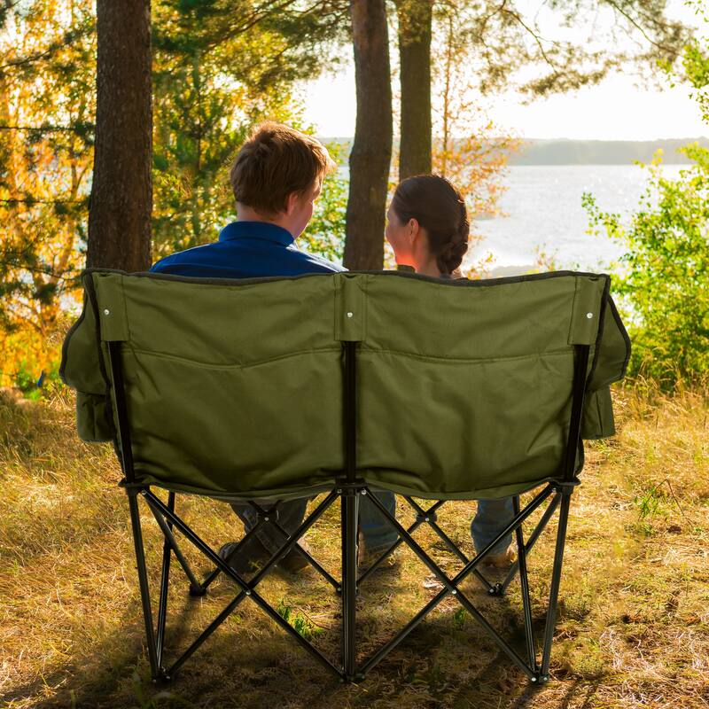 Double Camping Chair - Foldable Portable Couch with 2 Cupholders and Padded Seats - Two-Person Camp Chair by Wakeman Outdoor