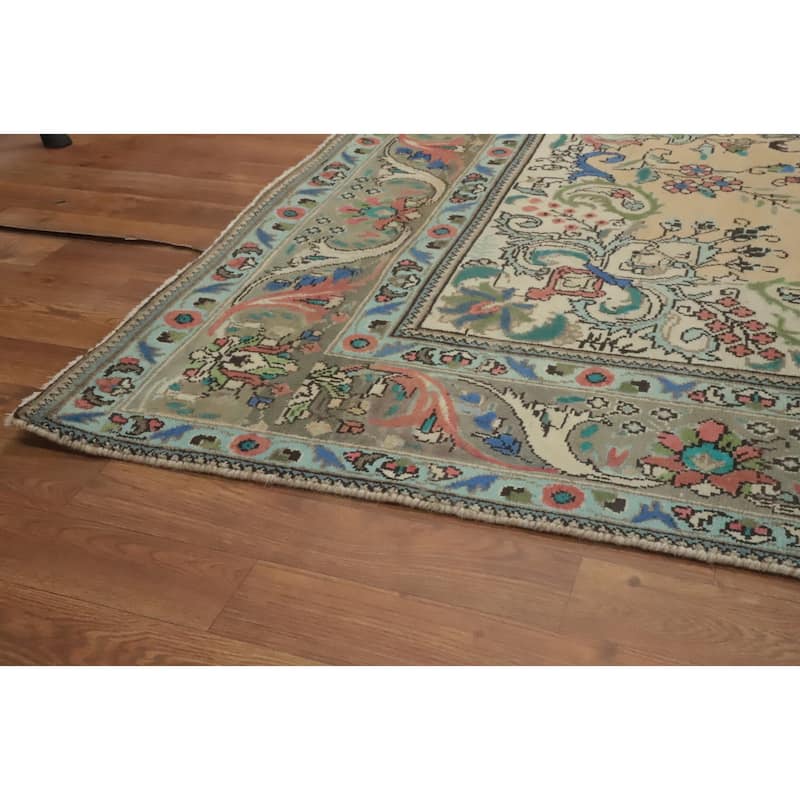 Hand Knotted Oriental 100% Wool Carpet Traditional Floral Beige & Ivories Tabriz Area Rug - 9' 5'' X 6' 5''