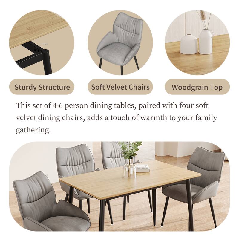 Modern Wood Grain Dining Set with Black Metal Legs, Seats 4-6, 5-Pcs