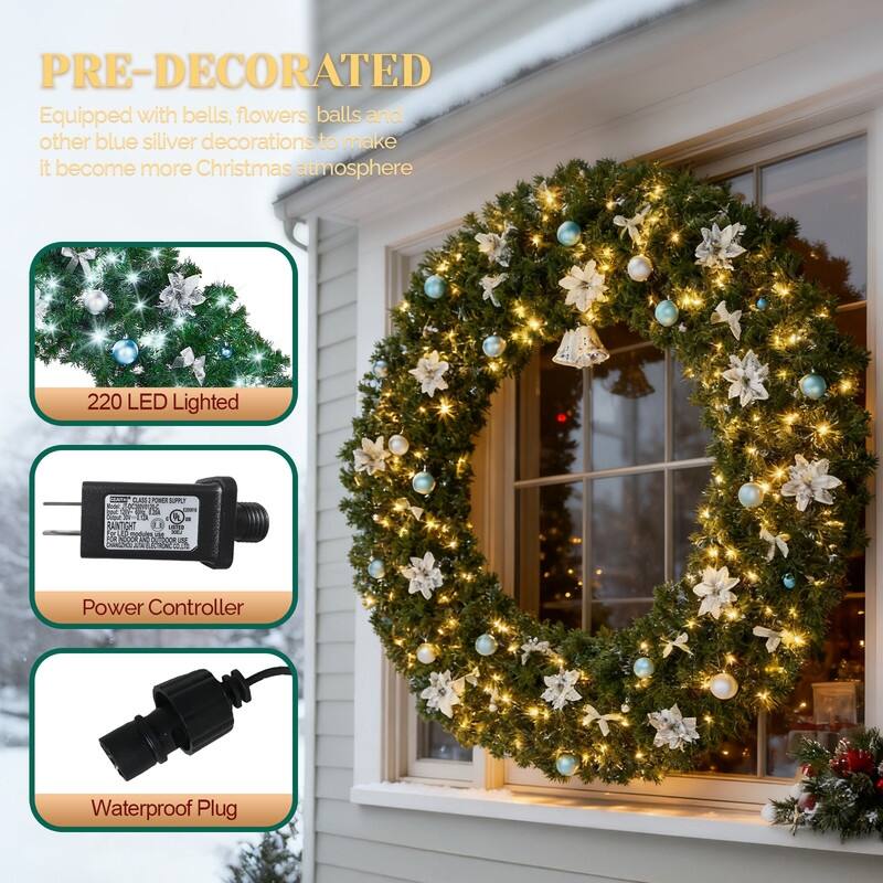 Pre-lit Christmas Wreath, Lighted Artificial Xmas Wreath with Lights and DIY Ornaments, for Xmas Party Decorations