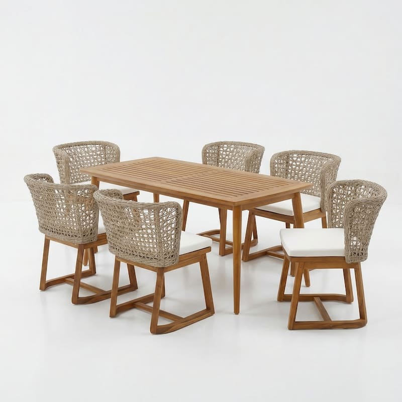 Christopher Knight Home - Outdoor Acacia Wood 7-Piece Dining Set with Wicker Dining Chairs & 71" Rectangular Table