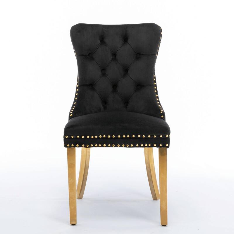 Tufted Velvet Dining Chairs - Solid Wood - Golden Stainless Steel Legs - Nailhead Trim - Set of 2 - Black + Gold