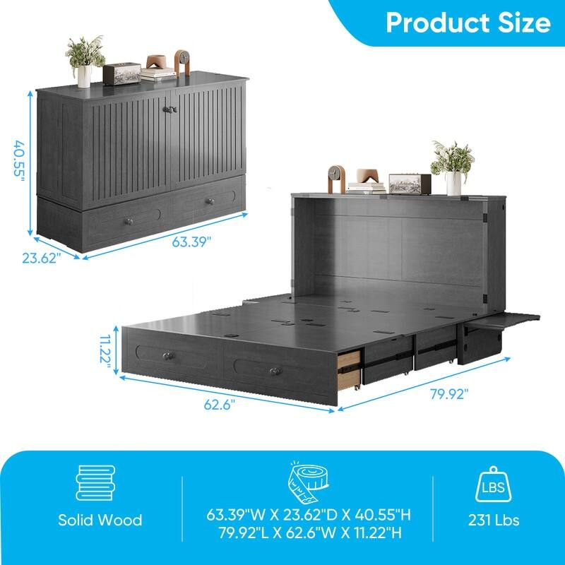 Mixoy Queen Murphy Bed Chest with Charging Station and Storage Drawer,No Mattress