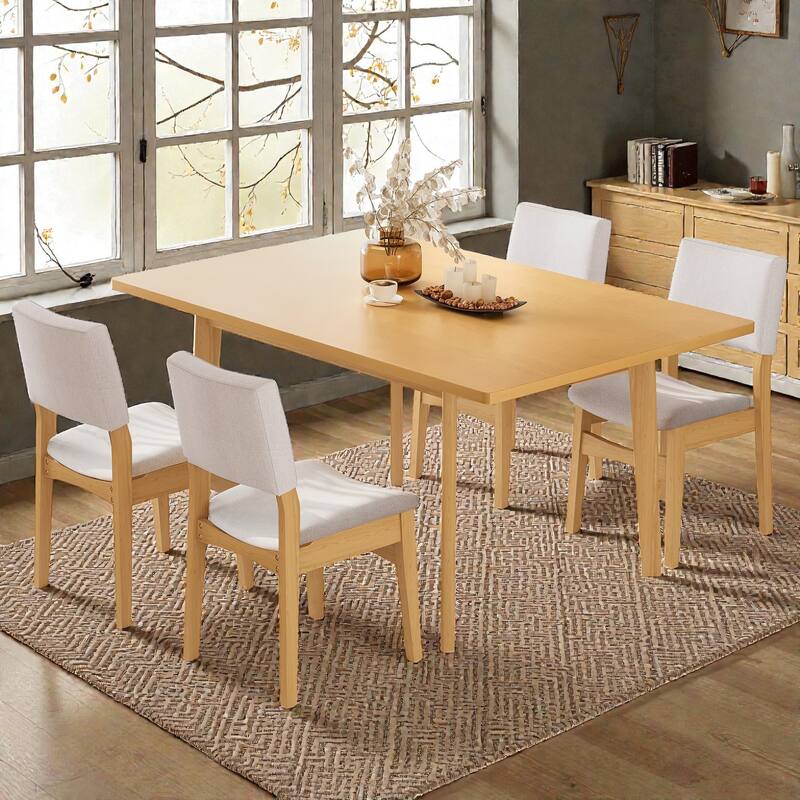 5-Piece Modern Dining Set with Solid Wood Table and Upholstered Linen Chairs, Space-Saving Stackable Design - Natural