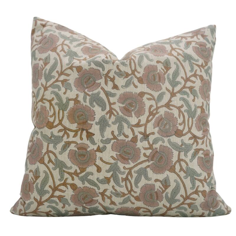 Fabdivine Hand Block Print Floral Pillow Cover Linen Cushion Case for Sofa Guest Room Fall Home Accent Gift, Shehjan - Vasundhra- Pink, Brown - 26" x 26" - Pillow Covers