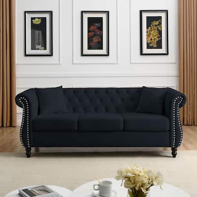 Velvet Upholstered 3 Seater Sofa, Button Tufted Sofa with 2 Pillows, Lounge Sofa with Rolled Arms & Nailhead Trim