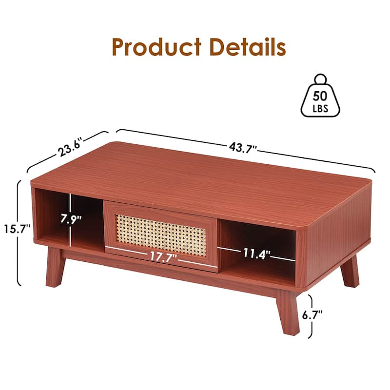 Wooden Cocktail Table Sofa Table, Coffee Table with Rattan Drawer, Modern Accent Table with Wood Legs - Cherry