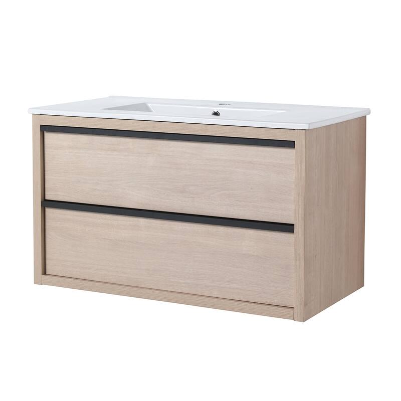 Wall-Mounted Plywood Bathroom Vanity Set in Plain Light Oak with Integrated Sink
