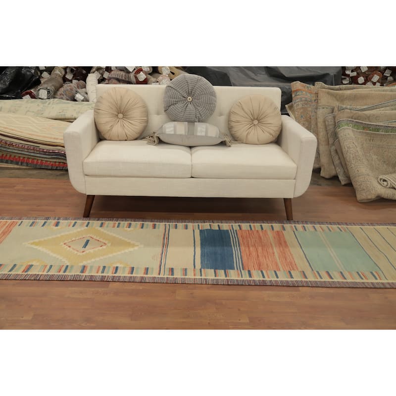 Hand Woven Oriental 100% Wool Carpet Southwestern Tribal Multi-Colored Kilim Runner Rug - 9' 10'' X 2' 6''