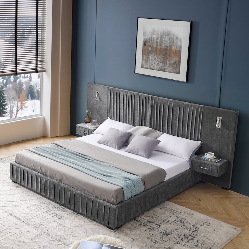 Pleating Upholstered Bed Platform Bed Frame with Enlarged Widened Headboard and Integrated Bedside Table Adjustable Bedside Lamp