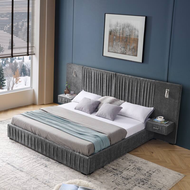 Roomfitters King Upholstered Chenille Platform Bed with Pleated Headboard and Built-In Bedside Tables, Solid Frame