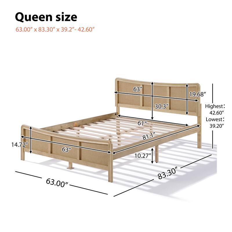 Christopher Knight Home- Celestine Curved Rubberwood Bed Frame with Rattan Headboard