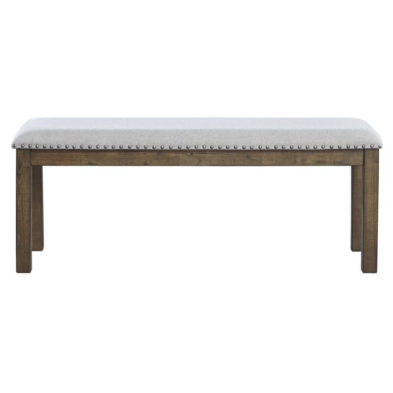 Nailhead Trim Wooden Dining Bench with Fabric Upholstery, Brown and Gray - 19.63 H x 48.25 W x 16.63 L Inches