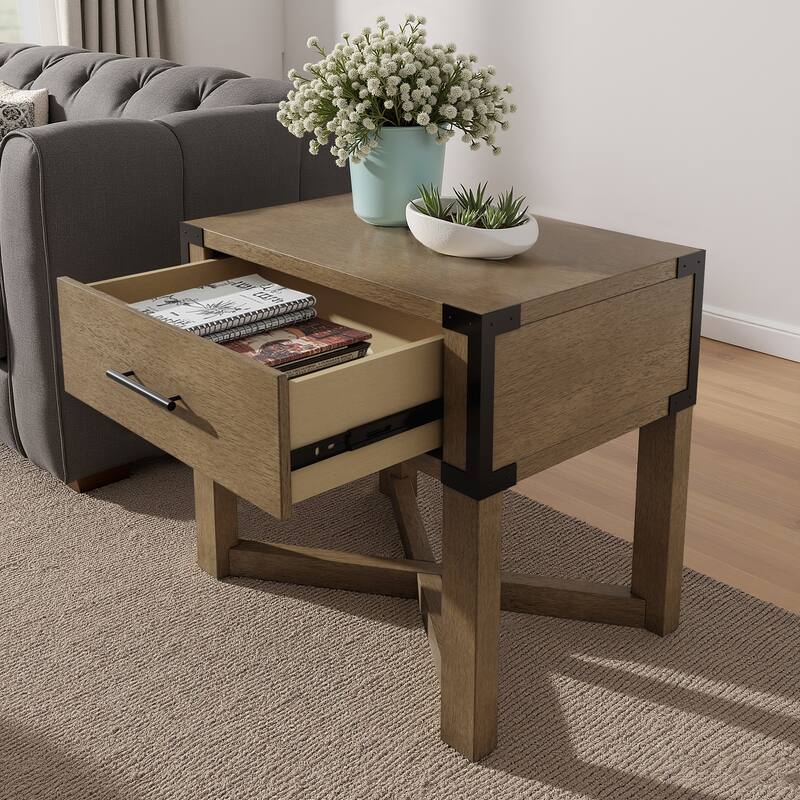 Mendocino Wood Finish X-Base End Table with Drawer by iNSPIRE Q Classic