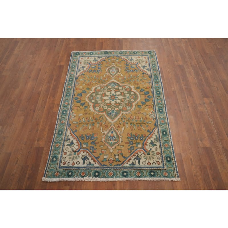 Hand Knotted Oriental 100% Wool Carpet Traditional Floral Oranges & Rust Tabriz Area Rug - 4' 10'' X 3' 2''