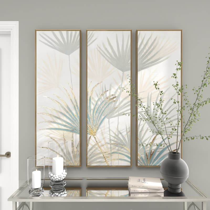 Brown Canvas Palm Leaf Framed Wall Art with Gold Frame (Set of 3)