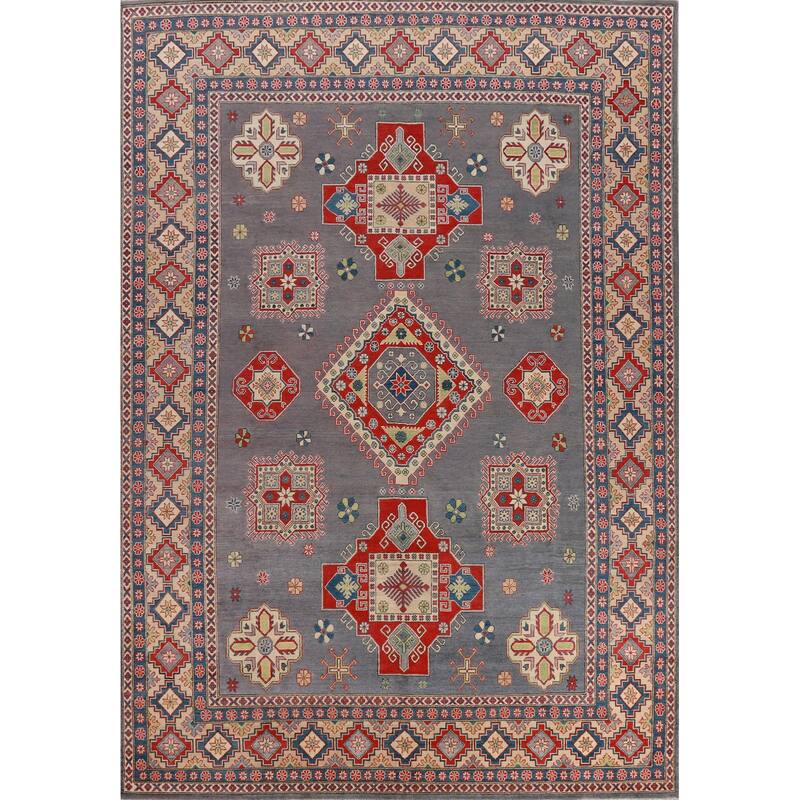 Hand Knotted Oriental 100% Wool Carpet Traditional Geometric Greys & Charcoal Kazak Area Rug - 13' 0'' X 9' 8''