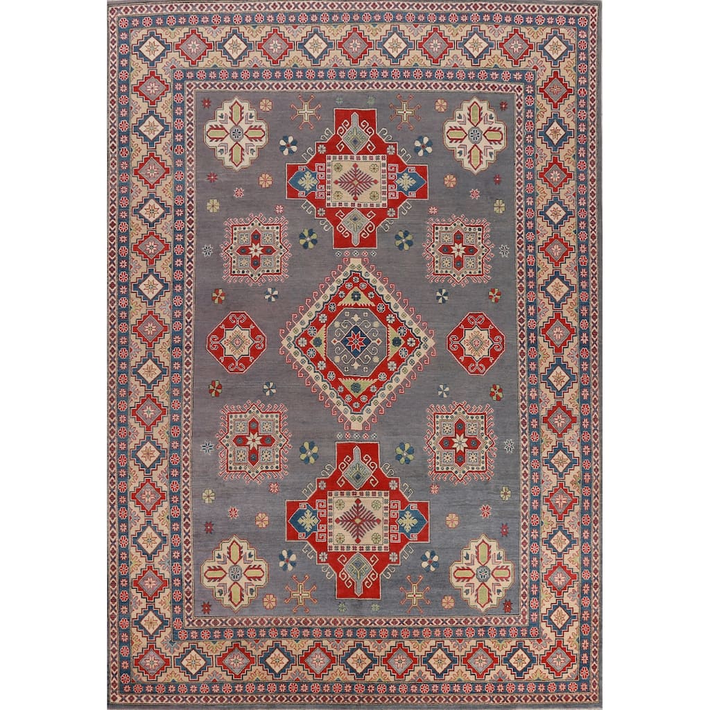 Hand Knotted Oriental 100% Wool Carpet Traditional Geometric Greys & Charcoal Kazak Area Rug - 13' 0'' X 9' 8''
