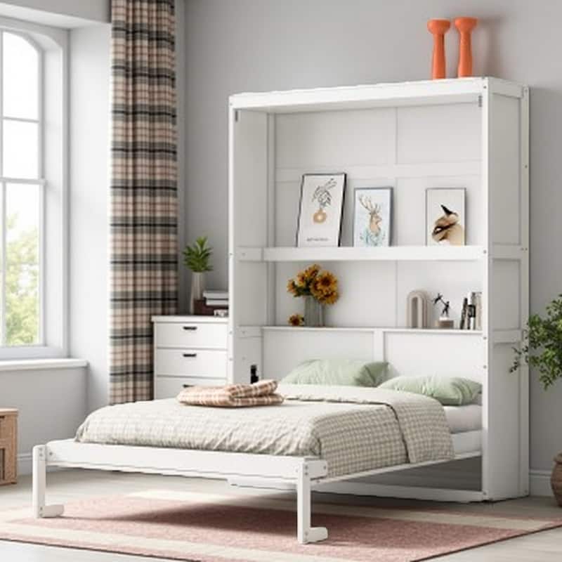 Queen Size Space-Saving Murphy Wall Bed with Dual-Layer Storage Cabinet and Flexible Slat Support