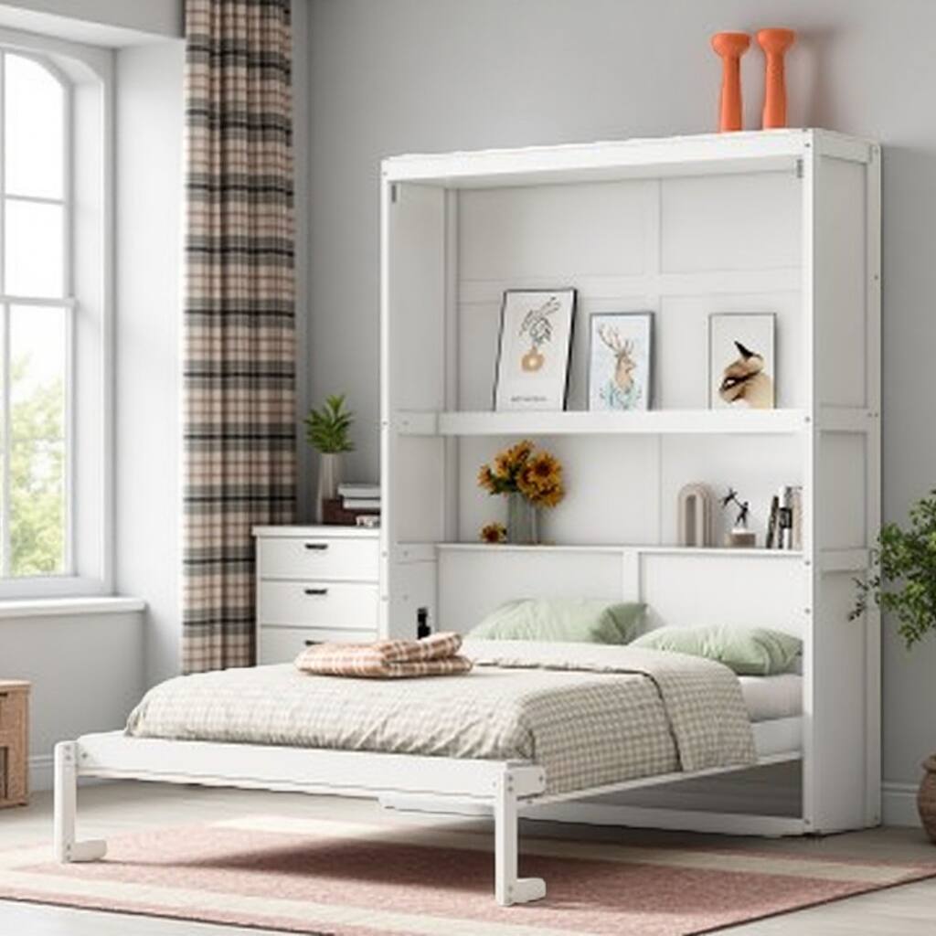 Queen Size Space-Saving Murphy Wall Bed with Dual-Layer Storage Cabinet and Flexible Slat Support