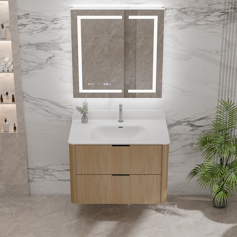 Modland Fluted Floating Vanity with Sink, Plywood Wall Mount Cabinet, Curved Edge, 24/30/36 Inch