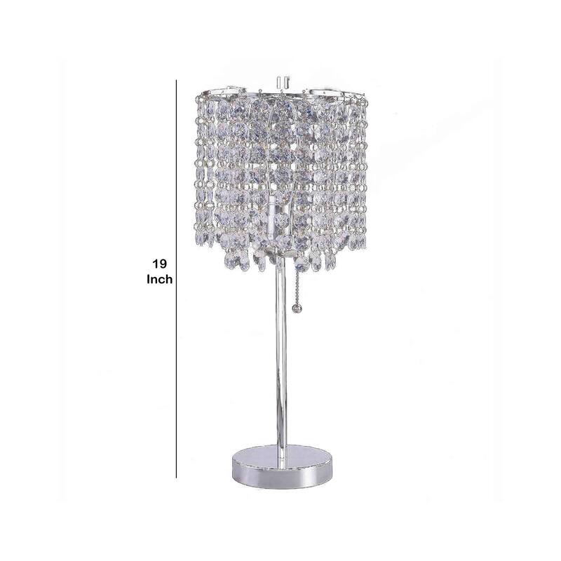 Chandelier Crystal Accented Table Lamp with Tubular Frame, Chrome and Clear