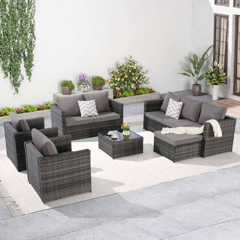 6-Piece Rattan Sectional Sofa Set with Glass Table & Armchairs - Dark Gray