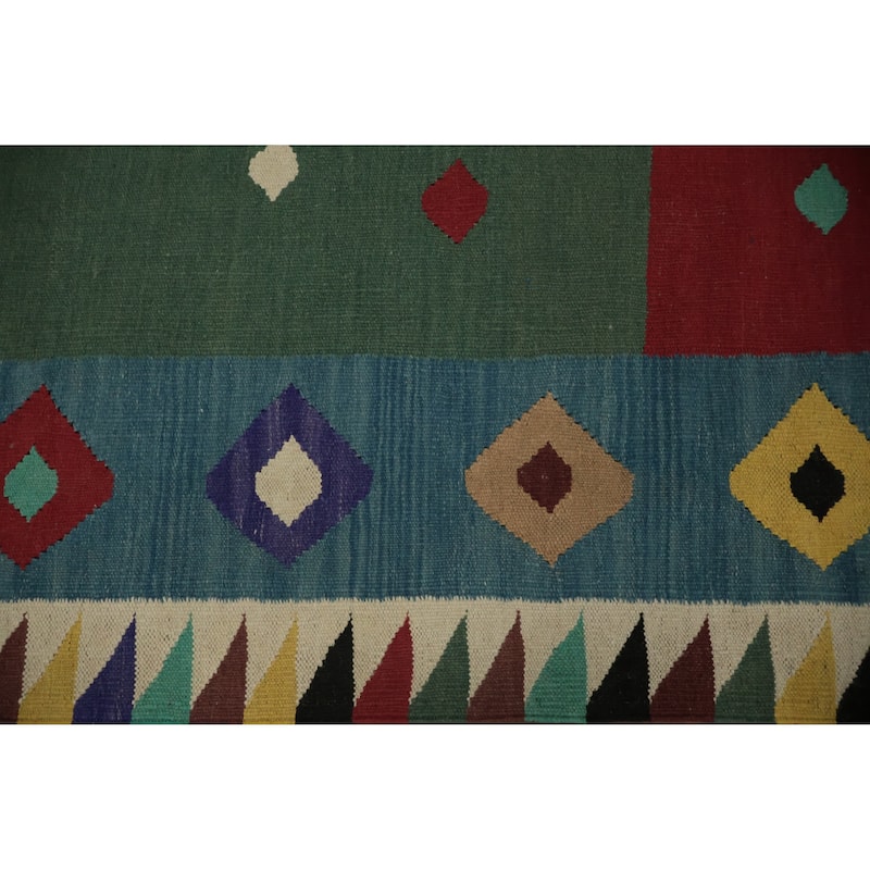 Hand Woven Oriental 100% Wool Carpet Southwestern Modern Green Kilim Area Rug - 11' 11'' X 5' 0''