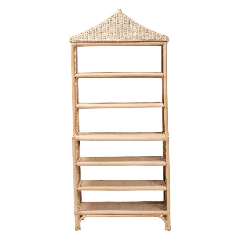 Adonis Natural Rattan Display Shelf - Freestanding 6-Tier bookcase with Pagoda Top, Coastal Boho Storage Organizer