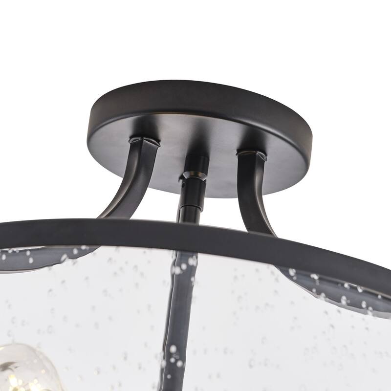 Farmhouse Matte Black 3-Light Semi Flush Mount Ceiling Lighting Fixture with Drum Seeded Glass Shade