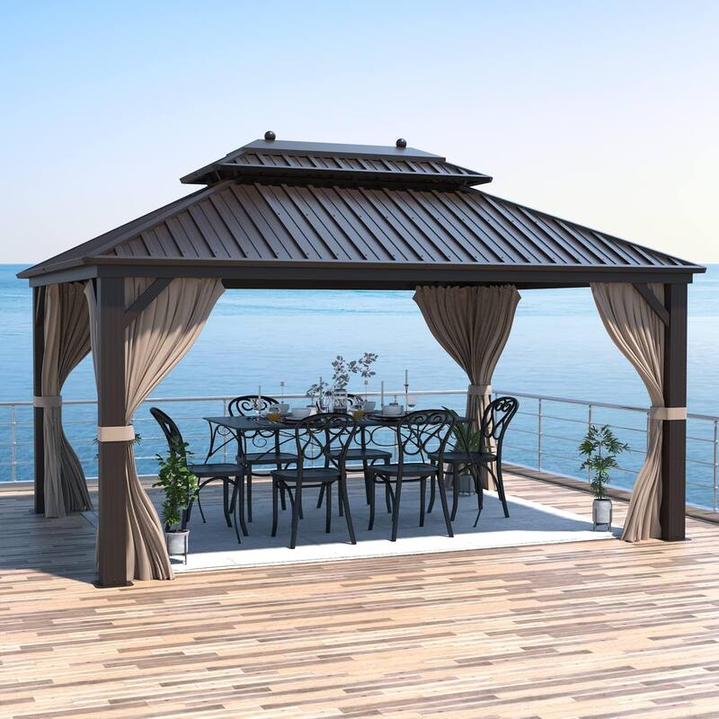 Outdoor Pro Series Galvanized Steel Hardtop Patio Gazebo Pergola w/Aluminum Frame, Prime Curtains and nettings include
